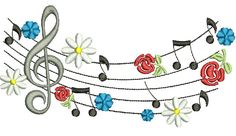 an embroidered musical staff with flowers and music notes on it's strings, as well as the letter g