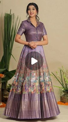 New Long Frock Models, Gown Frock Design, Saree Dress Design Ideas, Long Frock Models, Easy Fancy Dress, Organza Anarkali, Floral Blouse Designs, Pattu Dress, Long Anarkali Gown