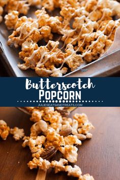 butterscotch popcorn on a baking sheet with a wooden spoon