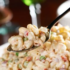 a spoon full of macaroni salad on a plate