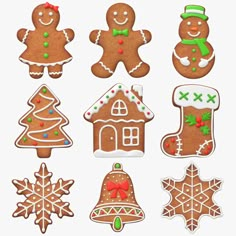 christmas cookies and decorations are arranged in the shape of gingers, snowflakes, stockings