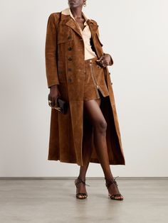 TOM FORD's coat is modeled on traditional trench styles - it's complete with hallmark details like shoulder epaulettes, storm flaps and a waist-cinching belt. It's been made in Italy from suede and has a classic double-breasted front and smoothing lining for easy layering. Suede Trench Coat Outfits, Amsterdam Fall, Fall Coats, Suede Outfit, Suede Trench Coat, Shoulder Epaulettes, Tom Ford Clothing, Trench Coat Outfit, Trench Coat Style