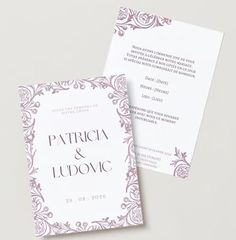 two wedding cards with the word, patrick and ludvoc written on them