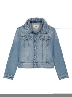 blue cotton blend washed denim button fastening frayed edge long sleeves two chest flap pockets buttoned cuffs straight hem Girls Denim Jacket, Dress With Jean Jacket, Baby Boy Accessories, Denim Trucker Jacket, Dolce And Gabbana Kids, Frayed Denim, Boys Accessories, Girls Denim, Washed Denim