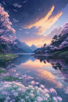 an image of a beautiful scenery with trees and flowers on the water's edge