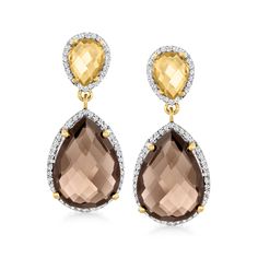 Ross-Simons - 17.00ct t. w. Smoky Quartz, 2.30ct t. w. Citrine Drop Earrings, .60ct t. w. White Topaz Over. Sunny and sultry at once, these unique drop earrings bring together 17.00 ct. t. w. pear-shaped smoky quartz gems and 2.30 ct. t. w. pear-shaped citrine tops. Finely crafted in polished 18kt yellow gold over sterling silver with .60 ct. t. w. round white topaz gems in shimmery borders. Hanging length is 1 3/8". Post/clutch, white topaz, citrine and smoky quartz drop earrings. Citrine birth Mellow Autumn, Unique Drop Earrings, Citrine Drop Earrings, Citrine Birthstone, Diamond Anklet, Italian Gold Jewelry, Mixed Metal Bracelets, Pearl Strands Necklace, Mixed Metal Earrings