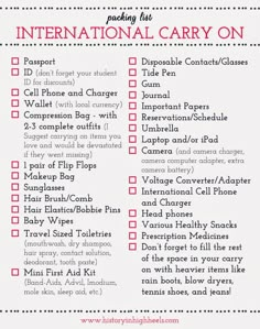 a printable travel checklist for the international carry on