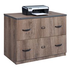 an office desk with two drawers and a printer on top