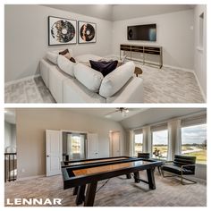 two pictures of a living room with couches and a pool table in front of a flat screen tv