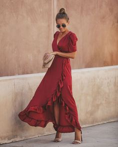 Ruffled Wrap Dress, Red Carpet Outfit Ideas Inspiration, Red Wrap Dress Outfit, Red Dress For Wedding Guest, Red Wedding Guest Outfit, Wedding Guest Wrap Dress, Red Wedding Guest Dress, Wrap Dress With Ruffles, Elegant Wrap Dress