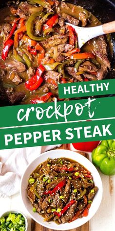 healthy crockpot pepper steak with peppers in a skillet