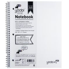 the yobi notebook is white and has black writing on it