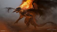 a fire breathing dragon in the midst of flames