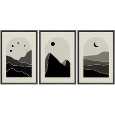 three black and white paintings with mountains in the background