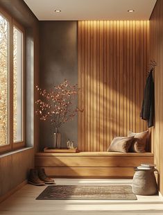 a wooden bench sitting in front of a window next to a vase filled with flowers