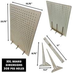 three peg board sizes with measurements for each one and two peg holes on the side