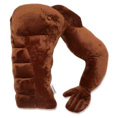 a brown stuffed animal arm pillow on a white background