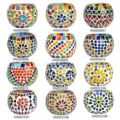 many different colored bowls are shown with dots on the top and bottom one is made out of