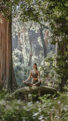 a woman is sitting in the middle of a forest doing yoga exercises on a log