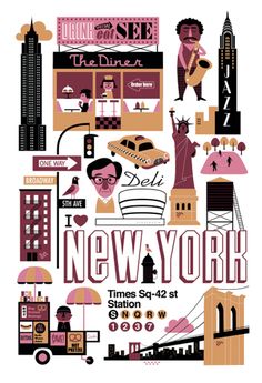 a framed poster with the words new york in different languages and pictures on it's sides