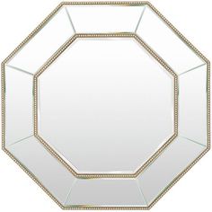 an octagonal mirror with gold trimmings and beading around the edges, on a white background