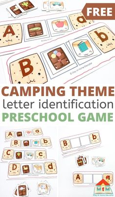 the camping theme letter identification preschool game is shown with pictures and instructions to make it easier for