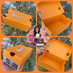 an orange cardboard box with a barbie doll in it's side and four pictures of the inside