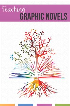 the cover of teaching graphic novels, with colorful trees and leaves on it's side