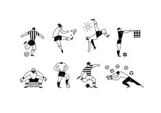 soccer players are kicking the ball and playing with each other in different positions, black and white