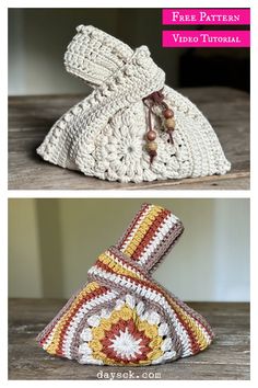 two crocheted purses sitting on top of a wooden table next to each other