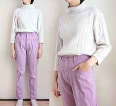 Vintage 80s light purple/lavender pants featuring a ridged texture that looks like corduroy but feels more like denim. It has a high waist, zip fly, and pockets in the front and back. Brand: Tommy's By Janne Size: marked size 11/12 but it appears to run small. Best fits a modern size M. Please use the measurements below to ensure an accurate fit. For reference, the model wears a size 4/6 and is 5'6". Fabric: 100% cotton Care: machine wash Condition: There is a faint mark on the left pant leg. This is not too noticeable unless closely inspected. The pants are in otherwise good vintage condition. Measurements: Waist: 28" Hip: 37" Length: 39" Inseam: 28" Rise: 12" PLEASE NOTE: All items I sell are vintage and are not new. I try my best to describe the condition of each item as accurately as p Lavender Pants, Jeans Mom, Vintage Purple, High Waisted Jeans, Beautiful Blouses, Corduroy Pants, High Waist Jeans, Trousers Women, Favorite Outfit