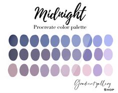 the color palette for midnight is shown in shades of blue, pink and purple with text that