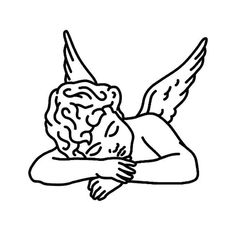 a drawing of an angel with wings on his chest and arms folded over his head