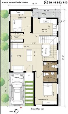 the floor plan for a small house with two levels and an attached garage, which is also