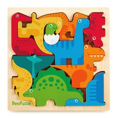 a wooden puzzle with different colored dinosaurs