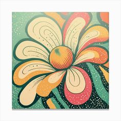 an abstract flower painting in green, orange and yellow colors with dots on the petals