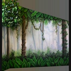 a painting of trees and plants on a wall in a room with green foliages