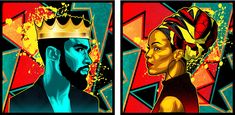 two paintings of people with crowns on their heads