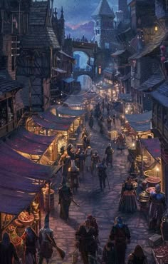 a painting of people walking down a street at night with buildings and lights in the background