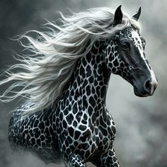 a black and white horse with long manes running in the wind on a cloudy day