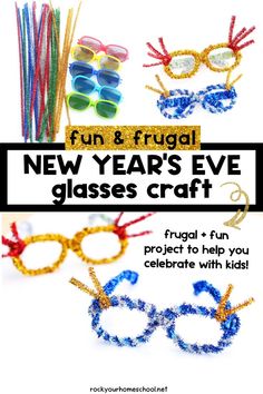 Variety of metallic pipe cleaner and children's glasses with 4 examples of New Year's Eve glasses craft for kids. Glasses Craft For Kids, New Year Art Projects For Kids, Kids New Years Eve Party, New Years Craft, Elementary School Craft, Diy Glasses