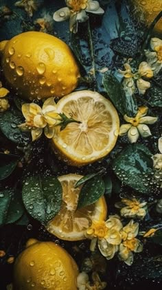 an arrangement of lemons and flowers with water droplets on the leaves in front of them