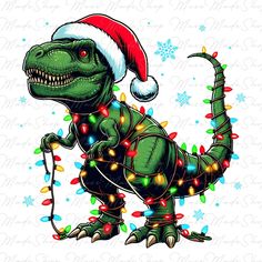 a dinosaur wearing a christmas hat and lights