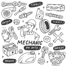 mechanic on duty hand drawn doodle style set with tools and symbols in black and white