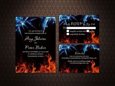 a wedding card with fire and blue flames on the front, in black paper against a dark background