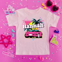 Personalized Named Girl Shirt, Any Name T-Shirt, Retro Car Babe Girl T-Shirt Add a touch of personalized charm to your little girl's wardrobe with our adorable Personalized Named Girl Shirt. This Pink Initial and Name Babe T-Shirt is a delightful choice for your child's everyday wear or as a unique birthday gift that she will cherish. Our decals are printed directly to garments. We use a printing method that accurately reproduces intricate details and graphics with a wide range of colors. The gr Babe T Shirt, Black Onesie, Pink Onesie, White Onesie, Retro Car, Unique Birthday, Baby T Shirts, Unique Birthday Gifts