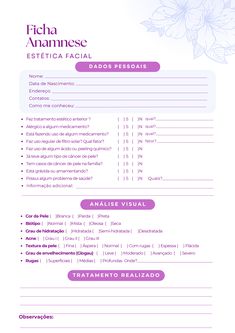 Ficha anamnese est�ética facial.pdf Facial Menu Of Services, Client Consent Forms Esthetician, Spa Intake Forms, Facial Client Intake Form, Esthetician Facial Consent Form, Spa Facial, Facial Spa, Beauty Studio, Facial