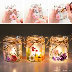 three jars with flowers painted on them and tied in twine, one is filled with water