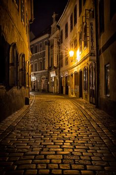 an empty cobblestone street at night with the light shining on it's windows