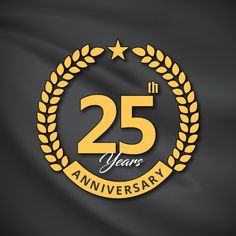 the 25 years anniversary logo is shown on a black and yellow flag with stars around it